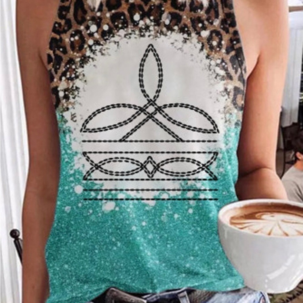 Womens Western Boot Stitch Leopard Tie Dye Tank Top